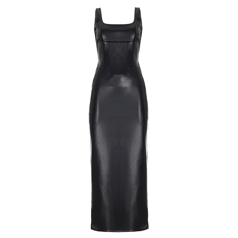 Women Clothing Square Collar Low Cut Drawstring Slim Fit Leather Dress Sexy Sheath Split Dress by Ragazza
