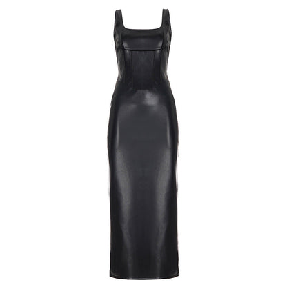 Women Clothing Square Collar Low Cut Drawstring Slim Fit Leather Dress Sexy Sheath Split Dress by Ragazza