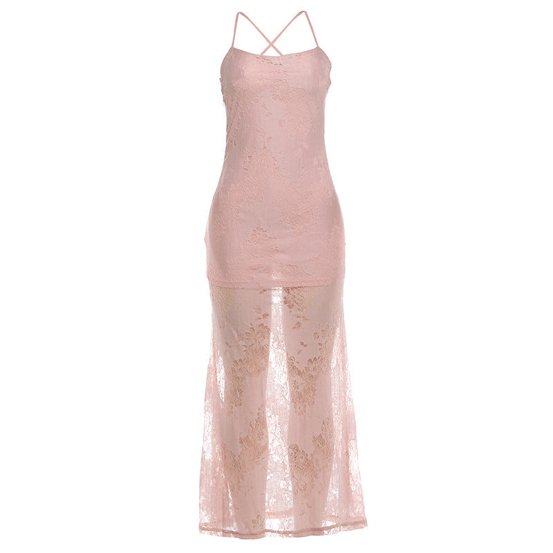 Summer Women Clothing Slim Fit Sexy Sling Low Collar Mesh Tied Dress  DestGlow