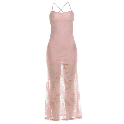 Summer Women Clothing Slim Fit Sexy Sling Low Collar Mesh Tied Dress  DestGlow