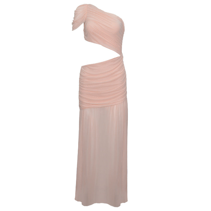 Shoulder Sleeve Pleating Cropped Outfit Mesh Stitching Solid Color Long Sheath Dress by Ragazza