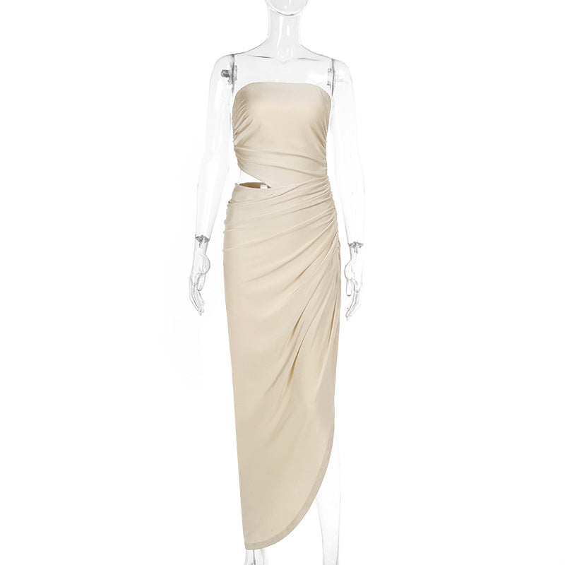 Spring Maxi Dress Elegant Slim Tube Top Hollow Out Cutout Pleated Dress by Ragazza