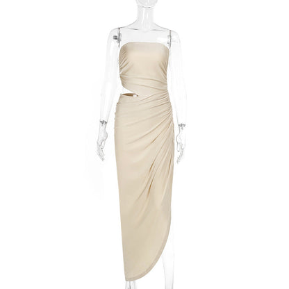 Spring Maxi Dress Elegant Slim Tube Top Hollow Out Cutout Pleated Dress by Ragazza