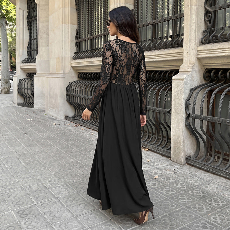 Elegant Lightly Mature Black Square Collar Lace Long Sleeve Dress  DestGlow
