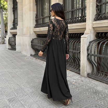 Elegant Lightly Mature Black Square Collar Lace Long Sleeve Dress  DestGlow