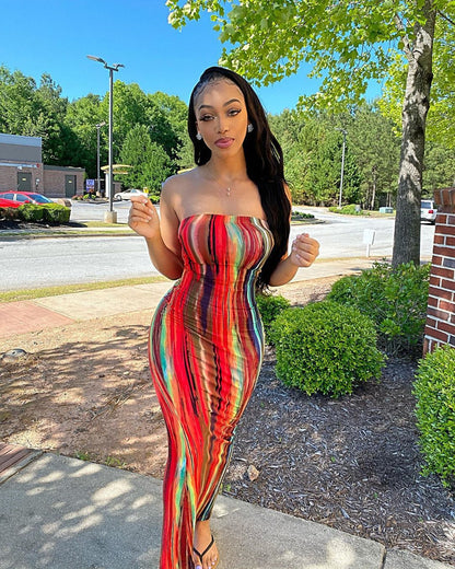 Women Clothing Spring Summer Colorful Tie Dye off Shoulder Tube Top Dress by Ragazza