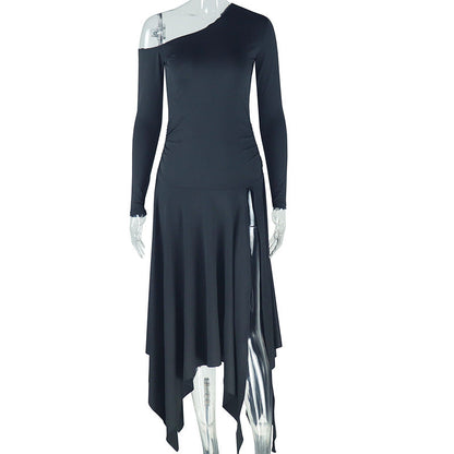 Personality Slim Fit Solid Color Women Asymmetric dress Shoulder off Shoulder Collar Long Sleeve Mid Length Dress by Ragazza
