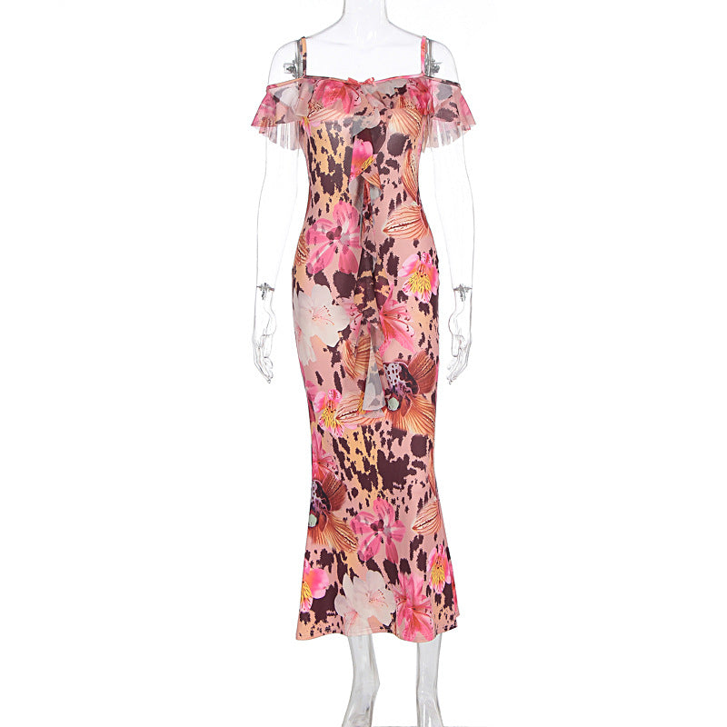 Summer Women Sexy Printed Ruffled Spaghetti Straps Slim Slimming Dress by Ragazza