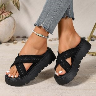 Thick Bottom Cross Strap Slippers for Women Summer Outdoor Platform Beach Slippers  DestGlow