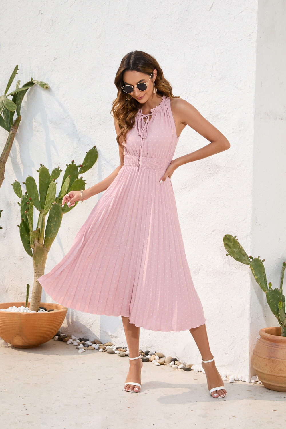 Tied High Waist Pleated Fur Ball Dress Sleeveless Summer Dress Casual Vacation Travel Dress by Ragazza