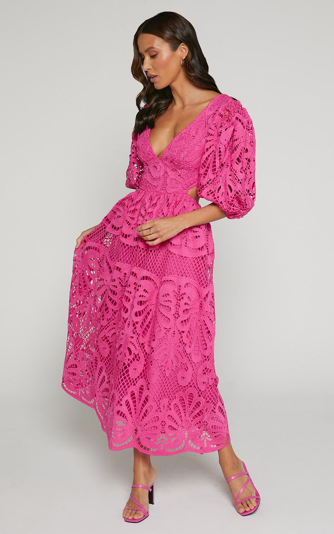 Women Clothing Hollow Out Cutout out Dress Summer V neck Lace Embroidery Sexy Waist Baring Dress by Ragazza