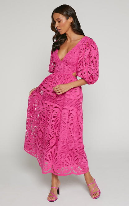 Women Clothing Hollow Out Cutout out Dress Summer V neck Lace Embroidery Sexy Waist Baring Dress by Ragazza