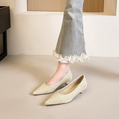 Professional Low Heel Comfortable Women Shoes Woven Suede Pointed Slip on Shallow Mouth Pumps  DestGlow
