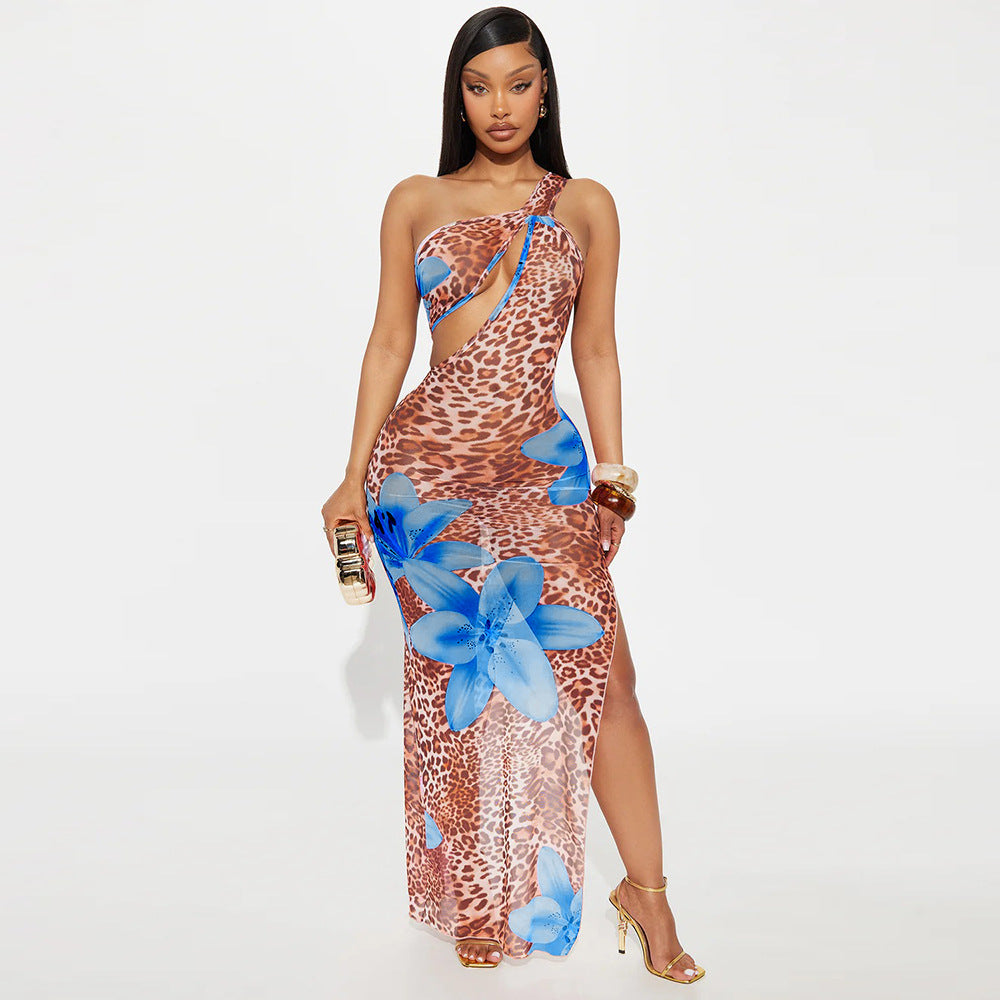Women Clothing Diagonal Collar Hollow Out Cutout out See through Mesh Floral Print Dress by Ragazza