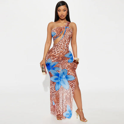 Women Clothing Diagonal Collar Hollow Out Cutout out See through Mesh Floral Print Dress by Ragazza