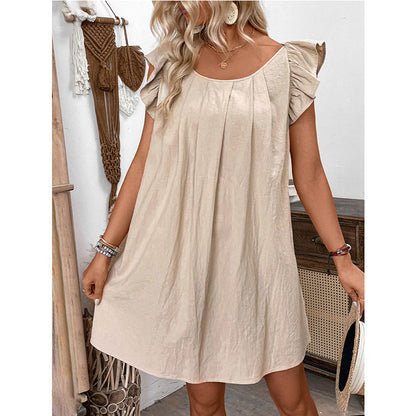 Round Neck Dress Solid Color Mid Dress Summer Ruffles Solid Color Round Neck Loose Mid Dress Women by Ragazza