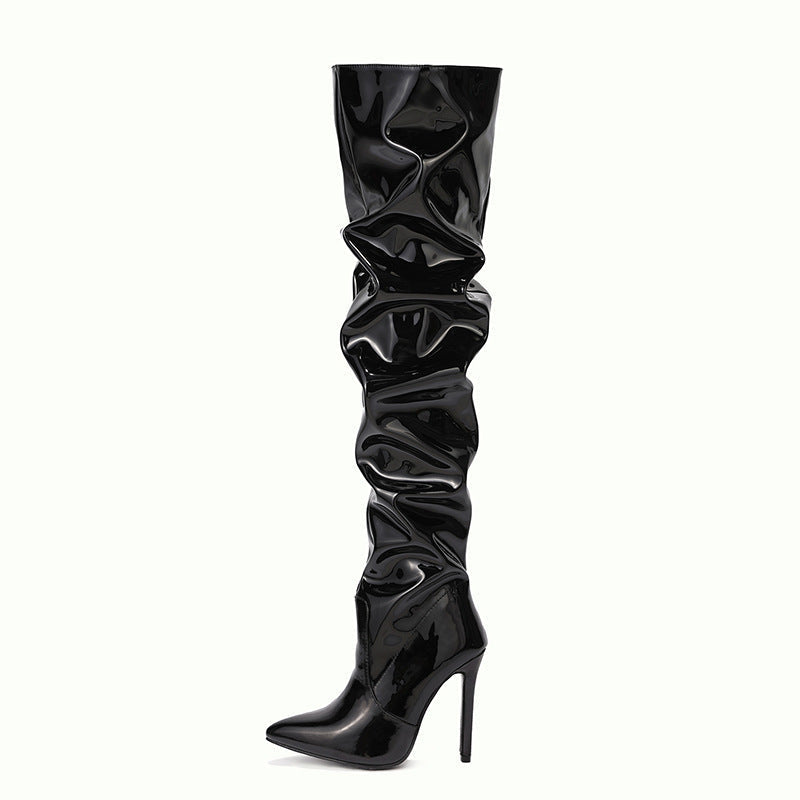 Spring Summer Catwalk Show Patent Leather Slimming Pointed Stiletto Heel Women High Heel Boots  DestGlow