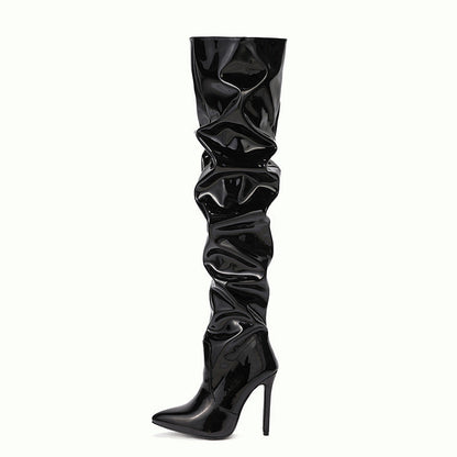 Spring Summer Catwalk Show Patent Leather Slimming Pointed Stiletto Heel Women High Heel Boots  DestGlow