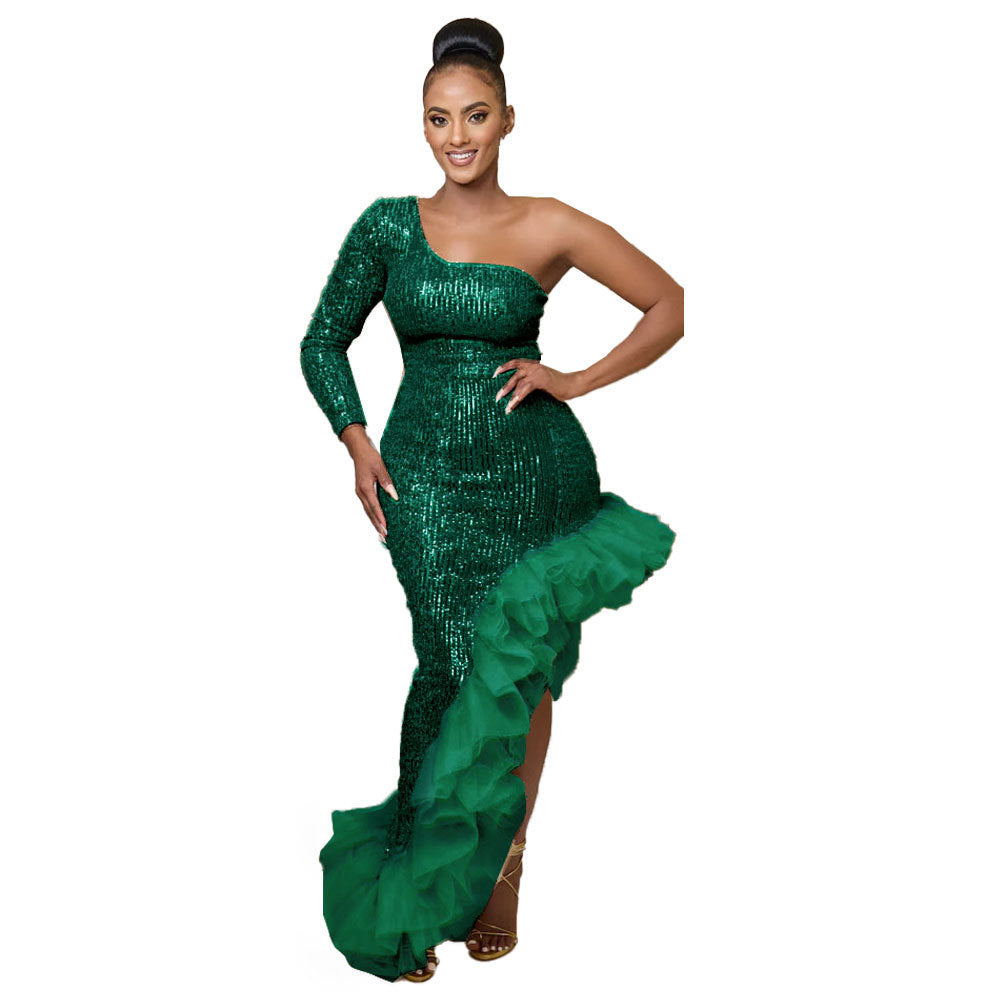 Sexy Sequin Single Shoulder Mesh Stitching Irregular Asymmetric Dress by Ragazza