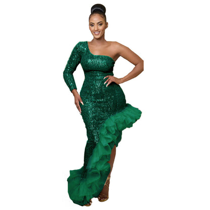 Sexy Sequin Single Shoulder Mesh Stitching Irregular Asymmetric Dress by Ragazza