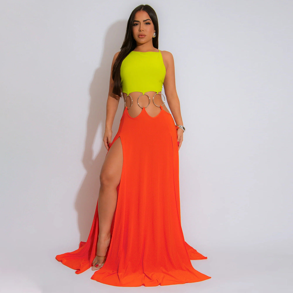Sexy Lace up Backless High Slit Dress Women Solid Color by Ragazza