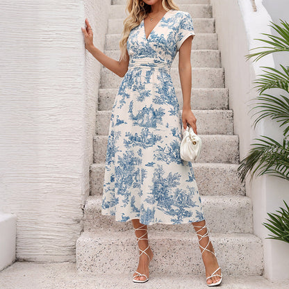 Elegant Retro Pastoral Landscape Printing V neck Waist Dress  DestGlow