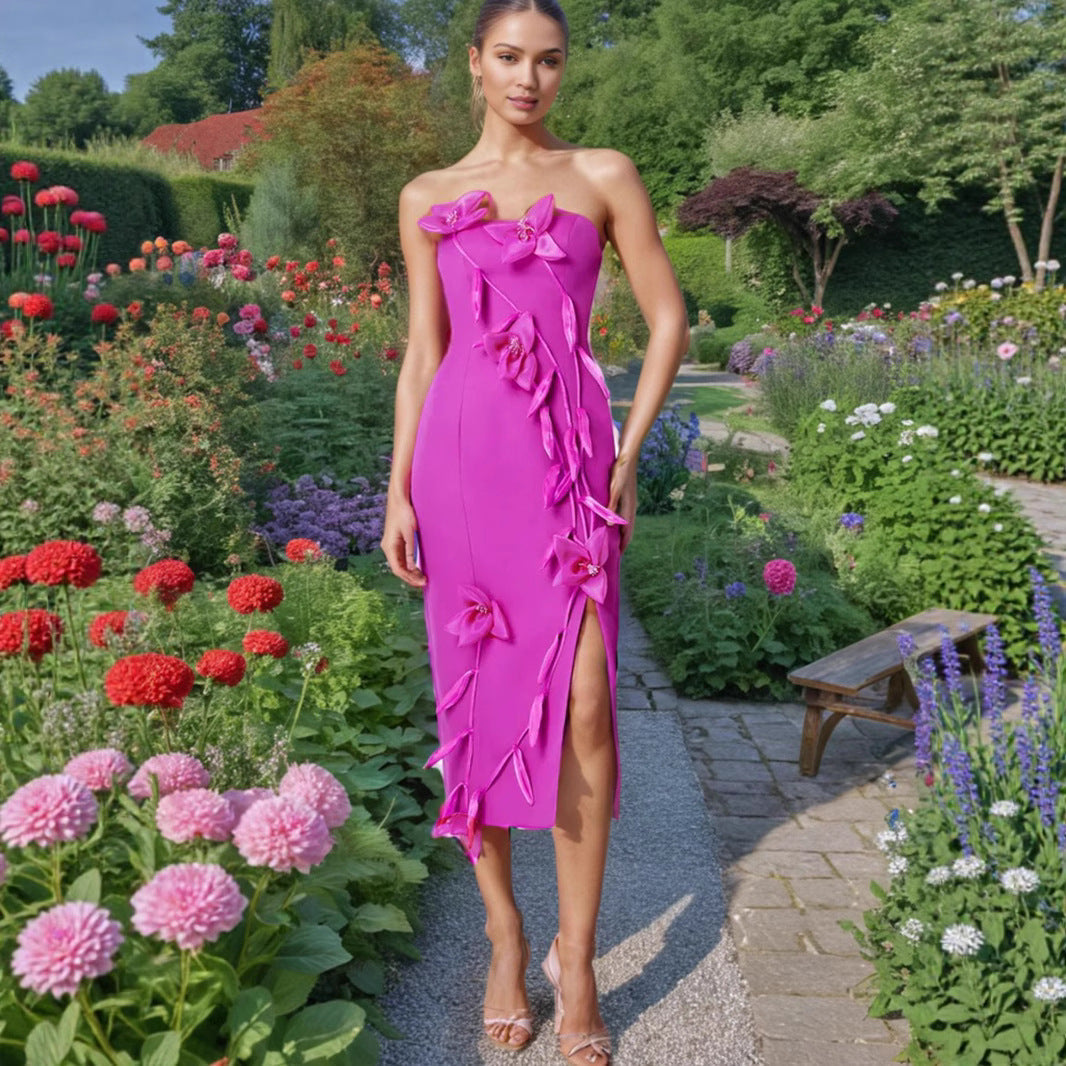 Elegant Lady Dress Summer Patchwork Three Dimensional Floral Slim Fit Slit Dress Women by Ragazza