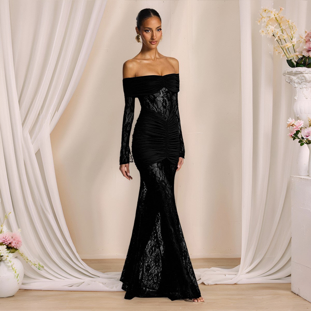 Autumn Elegant Lace Stitching off Shoulder Long Sleeve Narrow Dress Maxi Dress Women Evening Dress by Ragazza