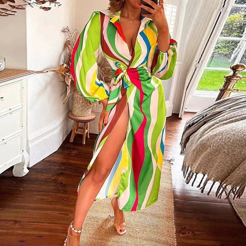 Women Clothing Autumn Sexy Slit Lace up Waist Controlled V neck Shirt Elegant Dress Women by Ragazza
