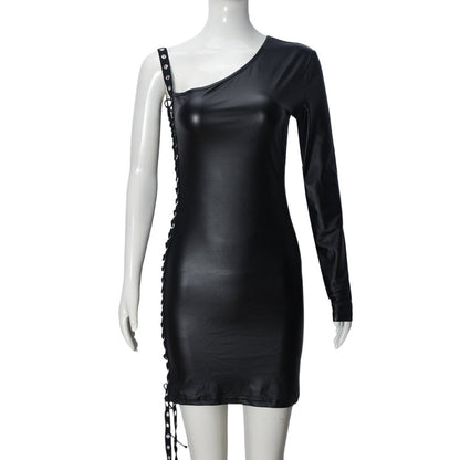 Women Clothing Dress Diagonal Collar Ribbon Hollow Out Cutout out Strap Single Side Long Sleeve Pullover Hip for Women by Ragazza