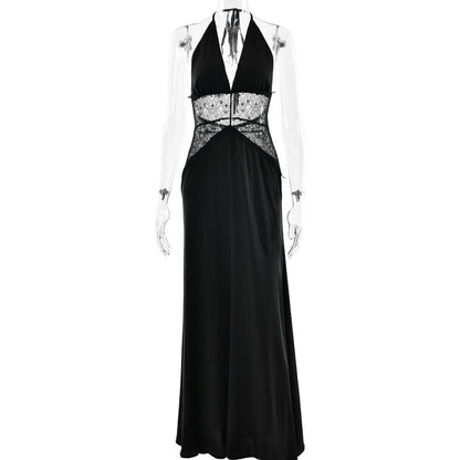Summer Elegant Deep V Plunge Silky Satin Dress Stitching Halter Waist Tight Sexy Dress by Ragazza
