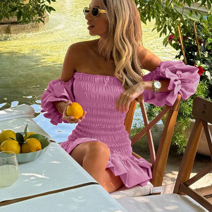 Women Clothing Pink off Shoulder Tube Top Dress Pleated Ruffled Puff Sleeve Backless by Ragazza