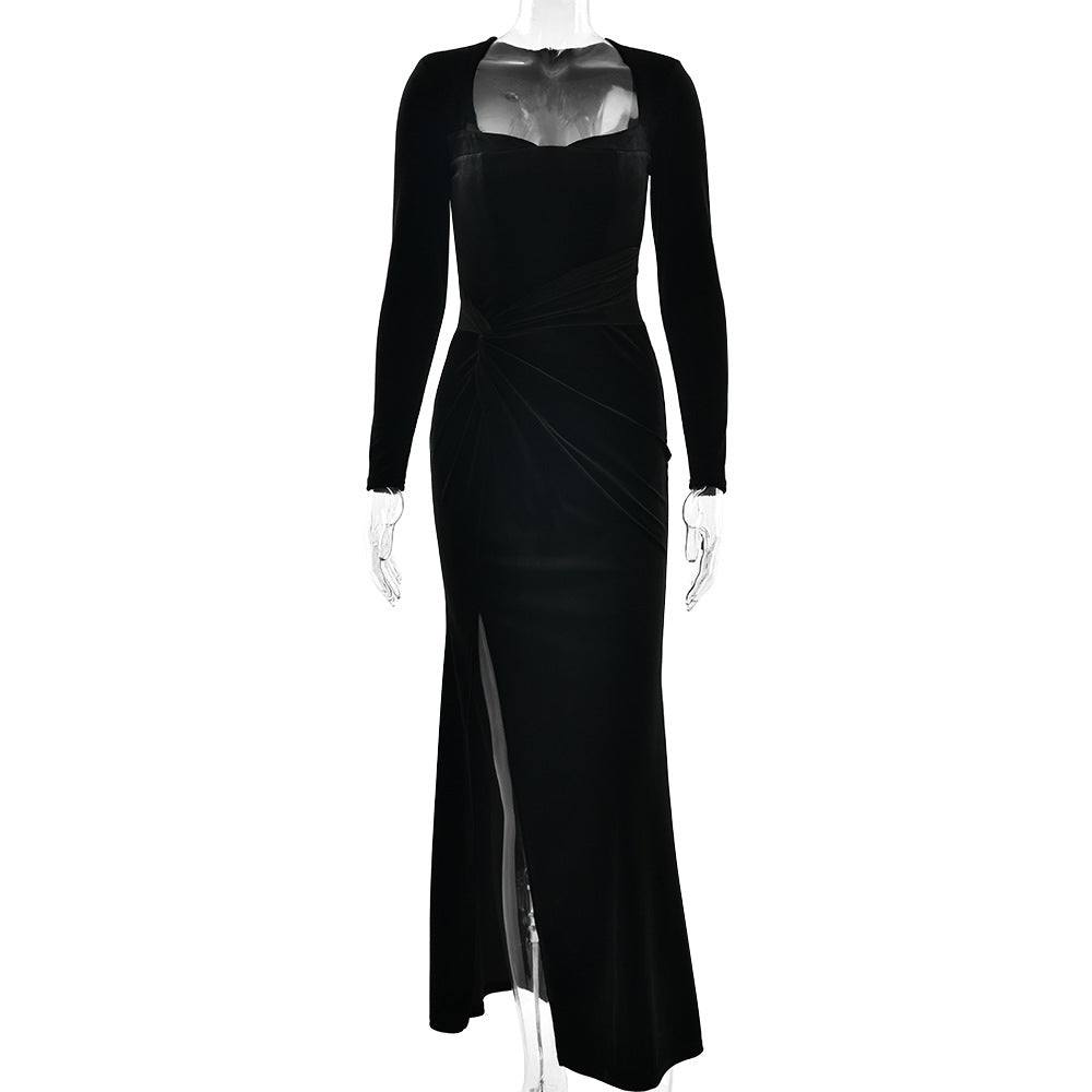 Women Clothing Sexy Slit Square Collar Dress Fashionable Elegant Velvet Pleated Dress by Ragazza