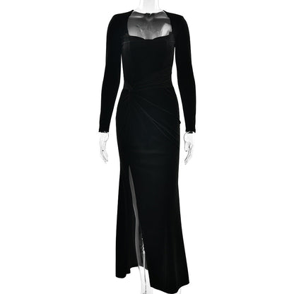 Women Clothing Sexy Slit Square Collar Dress Fashionable Elegant Velvet Pleated Dress by Ragazza
