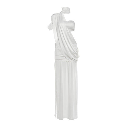 Autumn Winter Women Clothing Solid Color Sexy Halter Backless Slit Pleated Elegant Dress