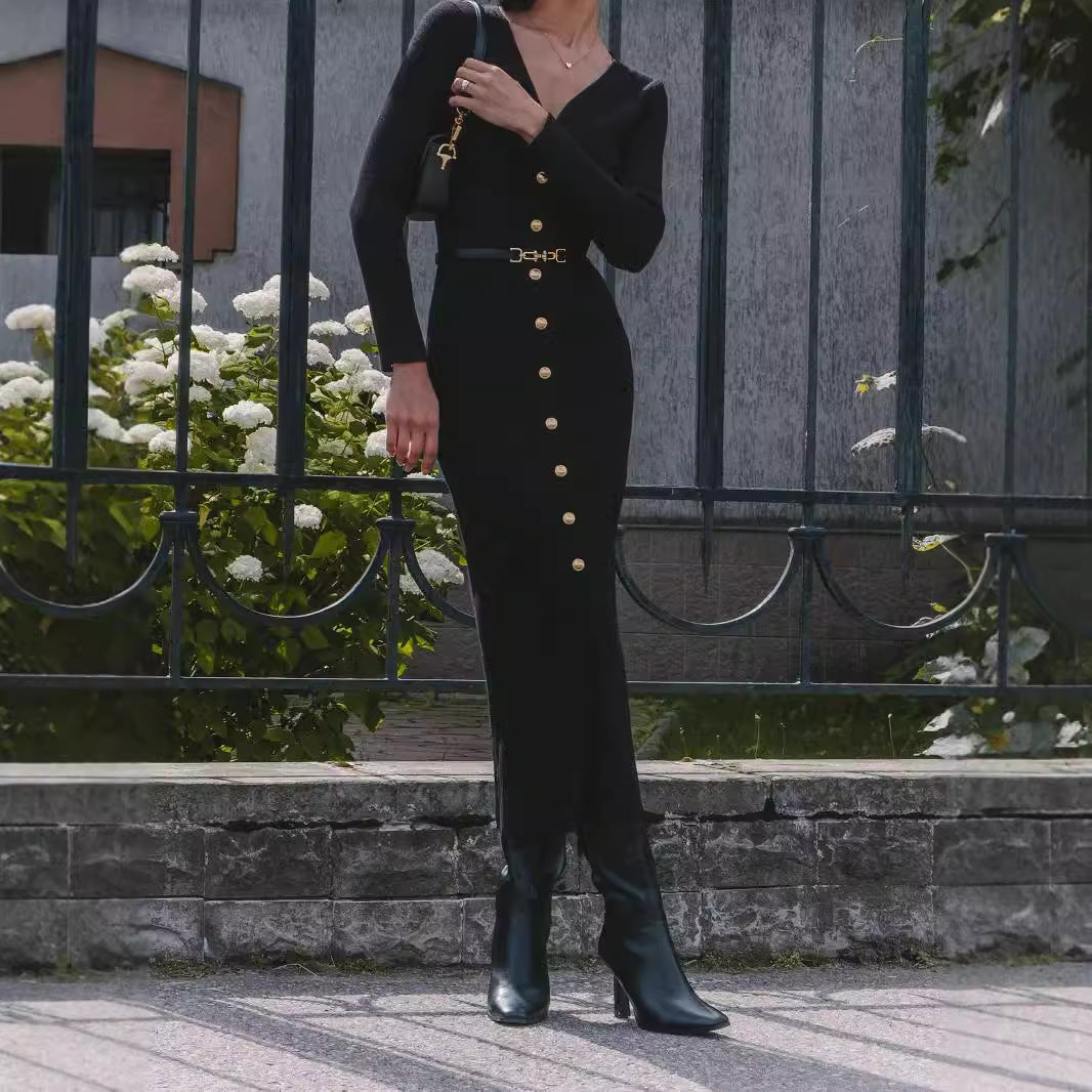Autumn Winter Long Sleeve Knitted Dress Button Split Russia Hip Wrapped Sweater Cardigan Dress No Belt by Ragazza