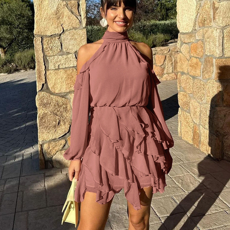 Elegant Chiffon Dress Women Halter Off the Shoulder Long Sleeve High Waist A line Dress by Ragazza