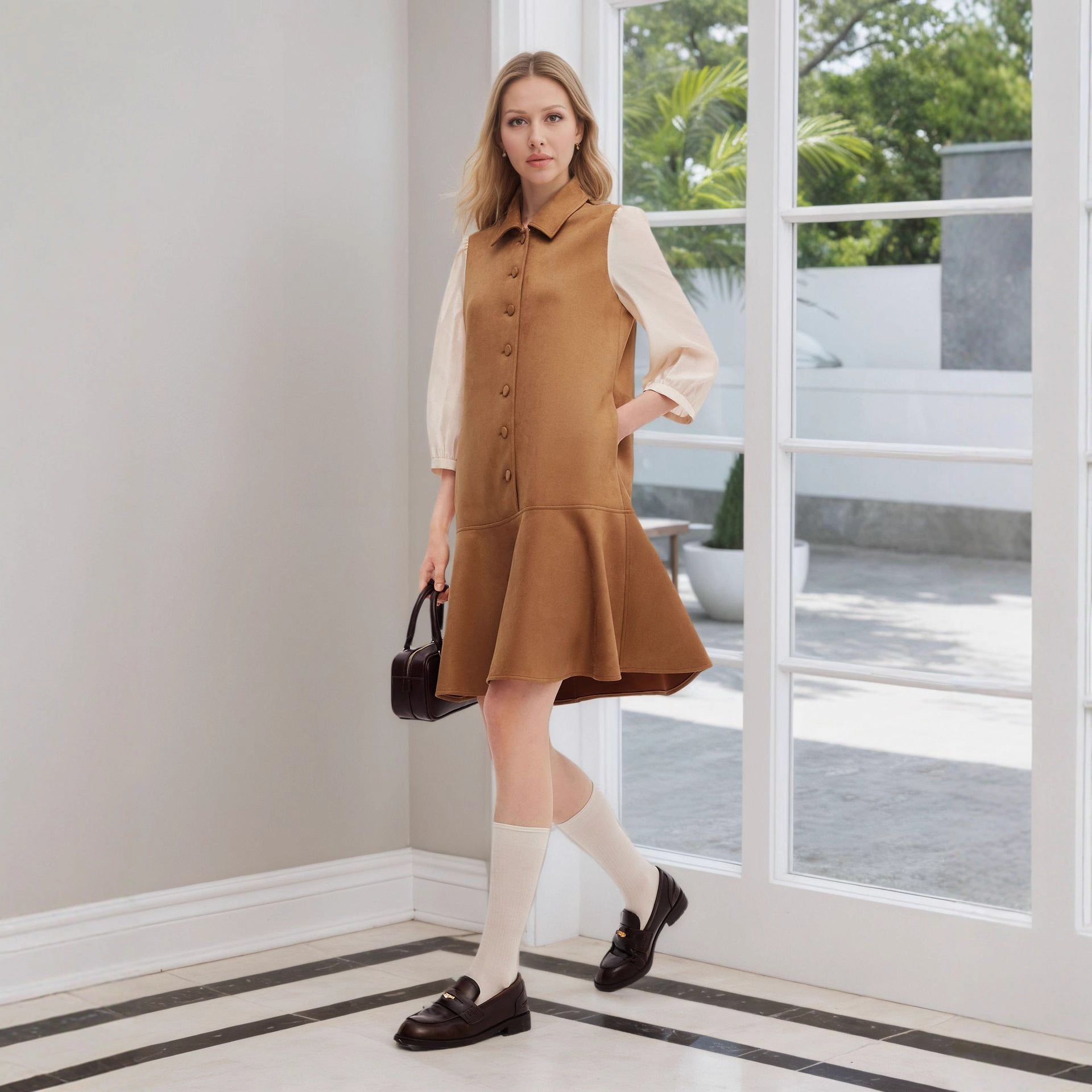 Fashionable Elegant Girls Autumn Suede Spun Yarn Slimming Short Cropped Puff Sleeve Waist Slimming Dress by Ragazza