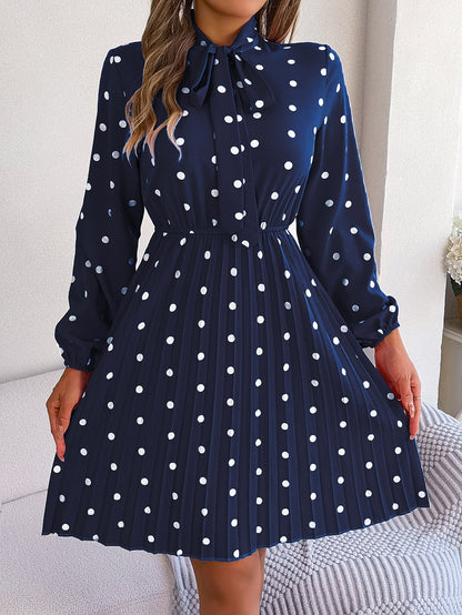 Real Shot Spring Summer Polka Dot Self Tie Waist Controlled Long Sleeves Pleated Women Clothing by Ragazza