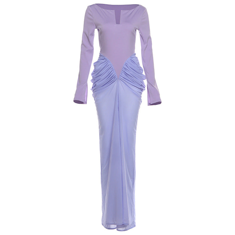 Autumn Winter Women Clothing Colorblock Slim Pleated Long Sleeve Elegant Dress by Ragazza