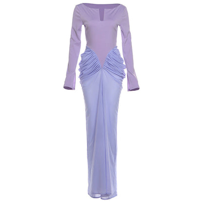 Autumn Winter Women Clothing Colorblock Slim Pleated Long Sleeve Elegant Dress by Ragazza