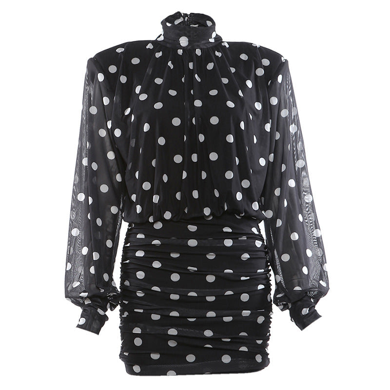 Women Clothing Polka Dot Design Turtleneck Backless Hip Wrapped Short Dress by Ragazza