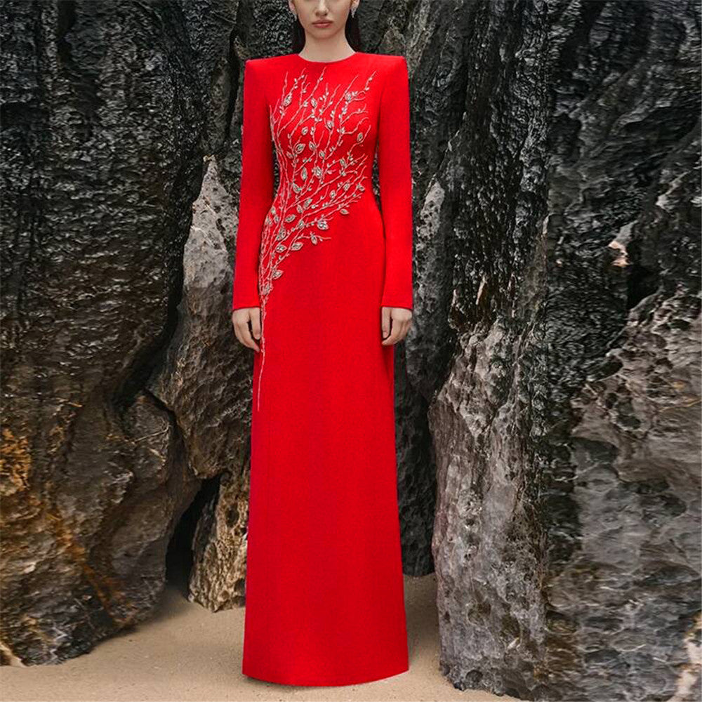 Handmade Beads Rhinestones Slim Long Sleeve Bandage One Piece Dress Elegant Graceful Party Dress by Ragazza