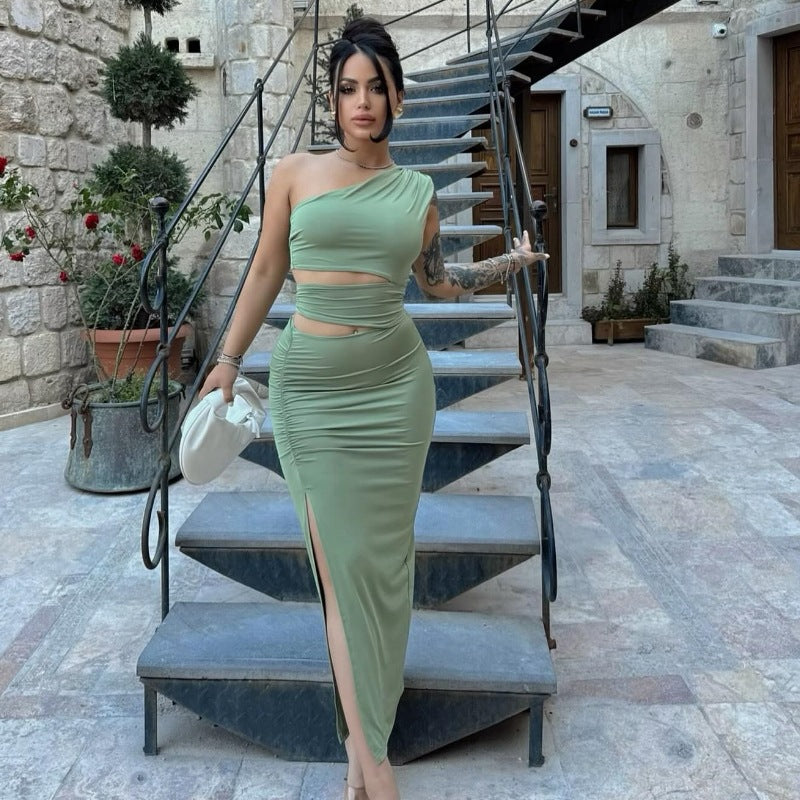 Solid Color Slim Fit Oblique Shoulder Sexy Cutout Sexy Split Irregular Asymmetric Dress by Ragazza
