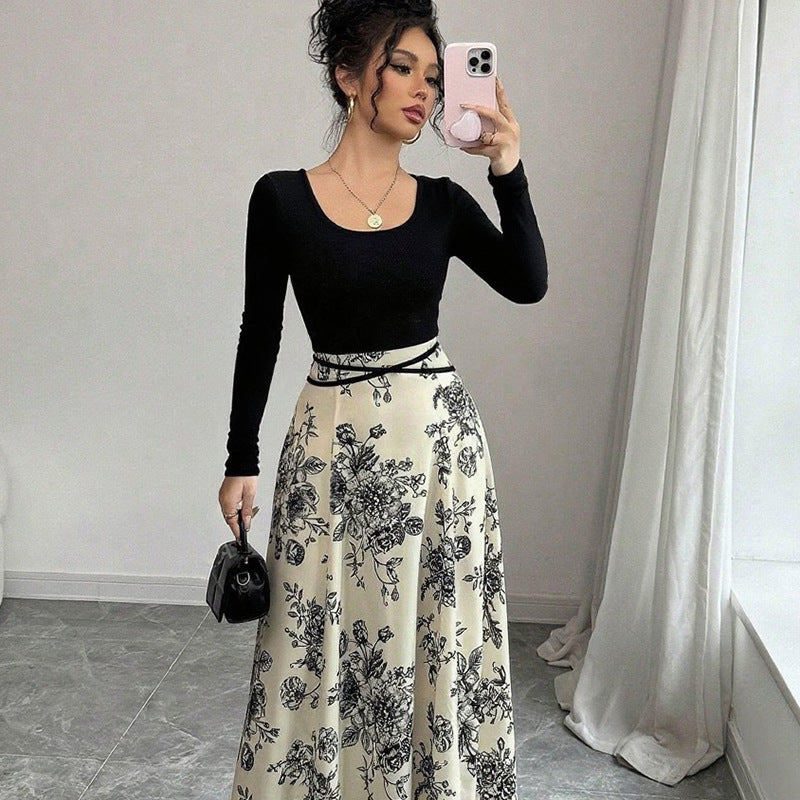 Square Collar Dress Women Elegant Floral Print Long Sleeve Waist Dress by Ragazza