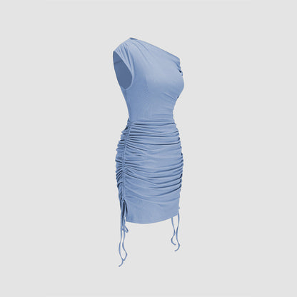 Popular Fashionable Knitted Sleeveless Design Oblique Shoulder Pleated Waist Tight Flab Hiding Hip Dress by Ragazza