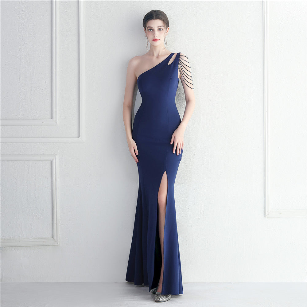 Craft Beaded One Shoulder Diagonal Collar Split Maxi Dress Performance Dinner Dress by Ragazza