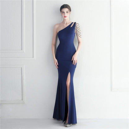 Craft Beaded One Shoulder Diagonal Collar Split Maxi Dress Performance Dinner Dress by Ragazza