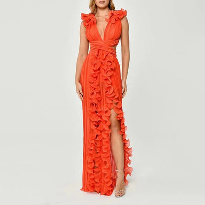 French Cocktail Maxi Dress Summer V Neck Pleated Ruffled Waist Slimming A Line Dress Women by Ragazza