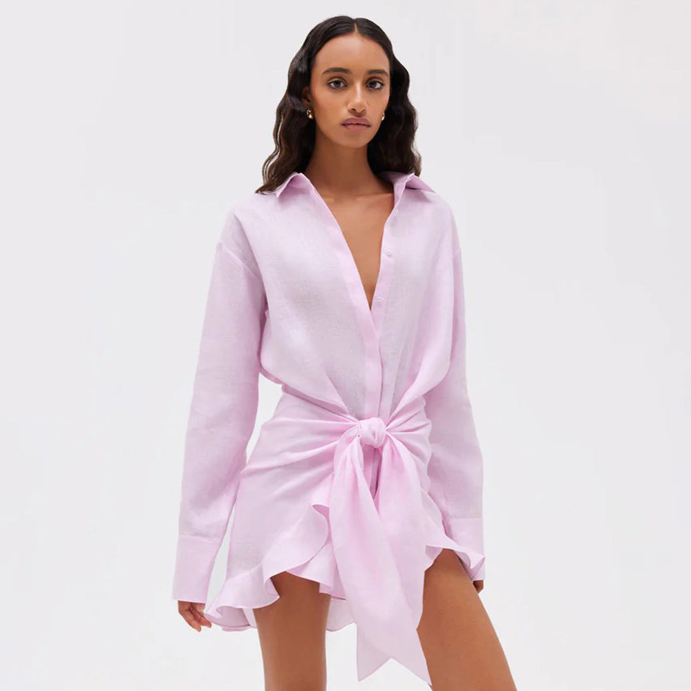 Shirt Dress Summer Vacation Lazy Solid Color Tied Collared Sheath Shirt Dress  DestGlow